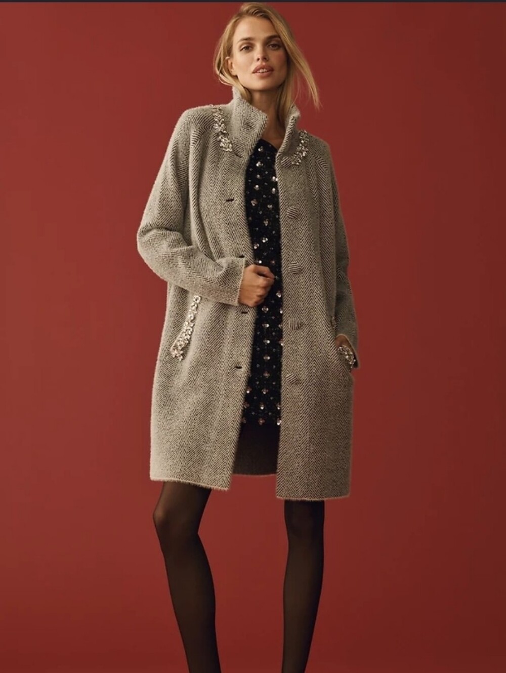 NVLT Eyelash Gray Herringbone Embellished Coatigan Jacket. Size S